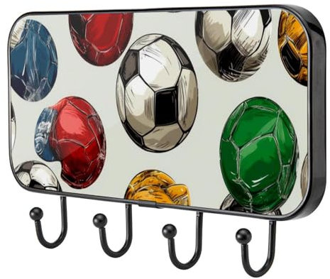 etoenbrc Crochets muraux vintage motif football, 4 crochets en fer pour suspendre manteaux, porte-manteaux décoratifs pour mur, très résistants pour vêtements, sacs, clés