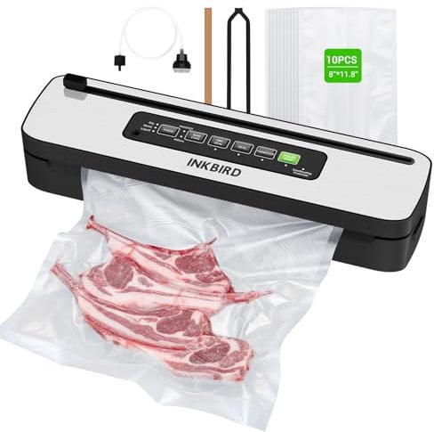 INKBIRD 110W Vacuum Sealer Machine, High Power with Liquid/Moist/Dry 6-Food Modes, Compact Food Preservation System with Cutter, Full Start Kit with Pre-cut Bags*10 (8''*11.8''), EXT-VAC