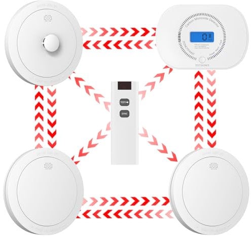 CPVAN Wireless Interlinked Smoke, Heat & Carbon Monoxide Alarm Bundle, Scotland & England Law Compliant | 10-year Battery Life, Pre-Linked Fire Detectors for Home,4 Pack + 1 Remote(2nd Generation)
