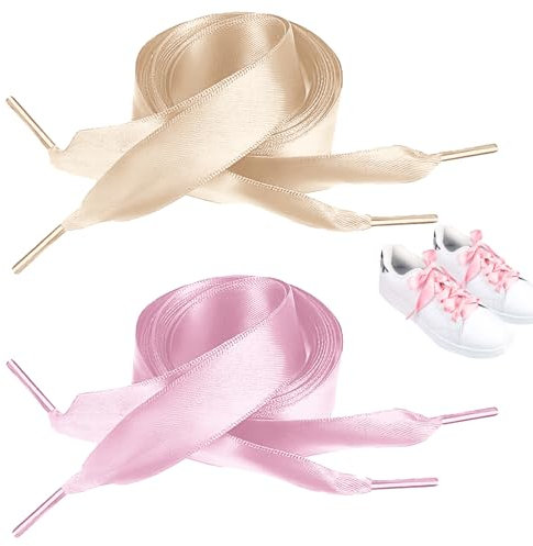 DYMHQ 2 Pares Cordones de Zapatos de Satén, Raso Cordones de Satén, Cordones de Satén de Ancho Cordones, Cordones de Raso Adecuado para Zapatos Deportivos y Zapatos Casual (Beige + Rosa)