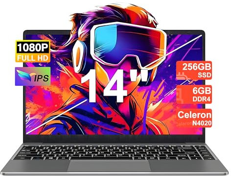 NOTODD 2025 Laptop 14 Zoll Win 11 Pro 6GB RAM 256GB SSD Unterstützung 1TB (TF 1TB) Notebook Celeron N4020 (bis2.8GHz) 5000mAh 1920x1080p WiFi Deutscher Tastaturschutz und kabellose Maus-Grey