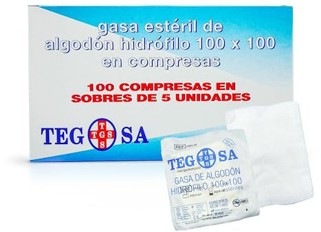 SURGICALMED - Gasas estériles de algodón hidrófilo en compresas 8 cm x 6 cm - 8 capas - Gasas - Paquete de 100 uds en 20 sobres de 5 uds - Gasas de alta absorción y de uso médico.