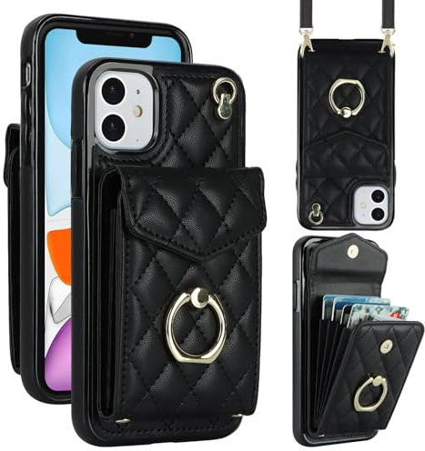 Draamvol for iPhone 11 Case Wallet Shockproof Leather iPhone 11 Phone Case with Card Holder Ring Holder Detachable Necklace Magnetic RFID Blocking Air Bumper Cover,Black