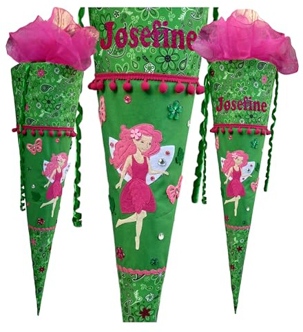 Personalisierte grüne Paisley-Schultüte mit einer Fee, aus Stoff genäht, passend zum Derdiedas Schulranzen, für Mädchen