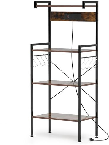 GiantexUK Wooden Kitchen Baker’s Rack, 4-Tier Microwave Stand with Built-in Charging Station, 8 Hooks & Anti-Toppling Device, Metal Frame Storage Rack for Kitchen Dining Room