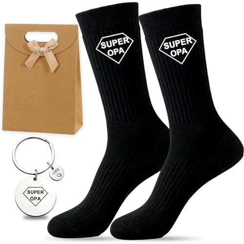 Snyvpra Bester Opa Geschenk Set - Super Opa Socken (38-45) & Edelstahl Schlüsselanhänger & Geschenktüte, Geschenk Opa Geburtstag, Geschenk Für Opa Zum Geburtstag, Vatertag & Weihnachten