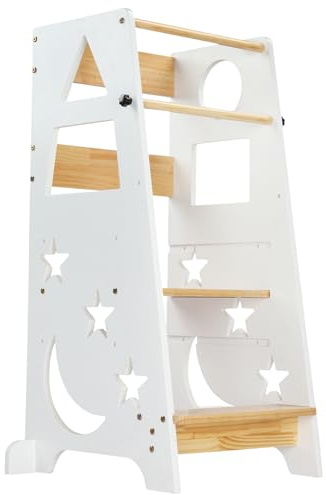 LEADZM Lernturm ab 1 Jahr，Learning Tower，3-Stufige Höhenverstellung aus Holz，mit Anti-Rutsch-Streifen und Kippschutzvorrichtung，Montessori（Weiß+Natur）