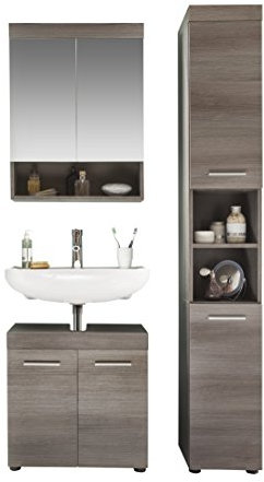trendteam smart living - Runner - Badmöbel-Set (Hochschrank + Waschbeckenunterschrank + Spiegelschrank) - Rauchsilber - (BxHxT) 103 x 190 x 31 cm - 5 verstellbare Einlegeböden - Kratzfest