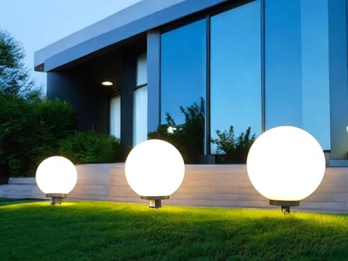Dapo 3x LED-Garten-Kugel-Leuchte MARLON D:20+30+40cm Kunststoff-Kugel weiß mit Erdspieß, STROMBETRIEB inkl. LED E27x1 à 5W, IP44 Dekorations-Party-Wege-Pfad-Leuchte-Lampe