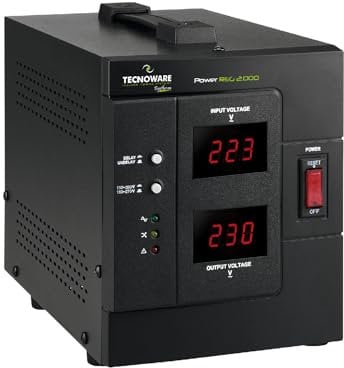Tecnoware Power Systems - Stabilizzatore di Tensione Monofase 2000 VA, ±8% Stabilizzazione, Ingresso Cavo SCHUKO, 2 Uscite SCHUKO/ITALIA, LED Indicatori, Protezione Sovratensioni, Nero, pronto all'uso