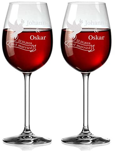 polar-effekt Leonardo Copas de vino personalizadas con grabado, copa de vino tinto, copa de vino blanco, 460 ml, idea de regalo para parejas, bodas, compromisos, diseño de paloma de boda