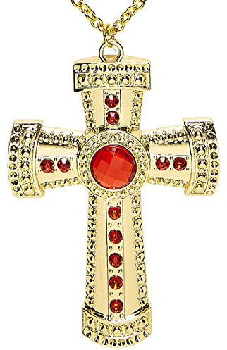 NET TOYS Prollige Kette mit Kreuz-Anhänger | Gold-Rot | Funkelndes Unisex-Accessoire Goldene Kreuzkette Nonne geeignet für Fasching & Karneval
