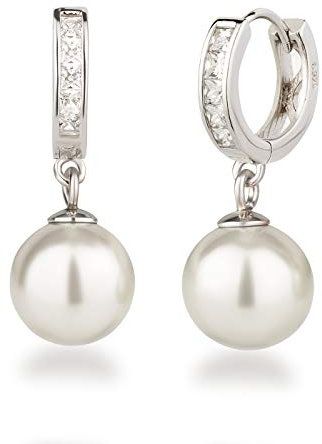 Schöner-SD Creolen Ohrhänger 925 Silber Rhodium mit 10mm Perle Kugel weiß