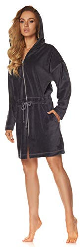 L&L - 9118 Bademantel mit Reißverschluss Damen weicher, Warmer und Langer Bademantel. Ganzkörperansicht, Reißverschluss, Hausmantel mit Kapuze für Damen. (Graphite, X-Large