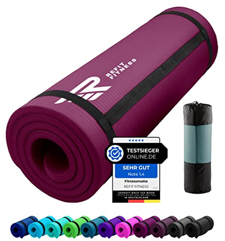 REFIT FITNESS Gymnastikmatte Profi 190 x 60 x 1.0 cm Beere PainProtect SmartCell NBR rutschfeste Yoga Matte Pilates Sport Gymnastik Yogamatte 10 MM Sportmatte Tragegurt Tasche