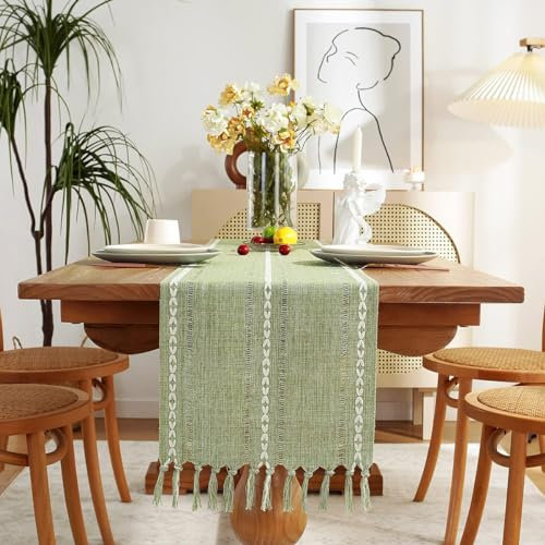 Wracra Hohlsaum Baumwolle Leinen Tischläufer aus Gewebter gehäkelter Salbeigrün Tischläufer 180cm lang mit Handquasten für Esszimmer Küche Party und Desserttischdekoration(Salbeigrün, 180cm)