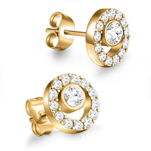 day.berlin Ohrstecker Stone 10mm in Gold 18k vergoldet, runde Damen Ohrringe mit Zirkonia Kristallen, 316L Edelstahl 1cm Durchmesser 3mm stark, nickelfrei & wasserfest