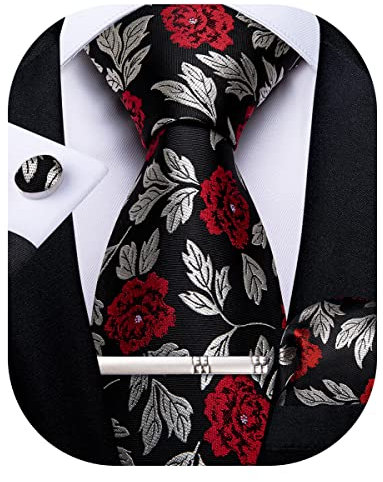 DiBanGu Cravate en soie tissée pour homme avec boutons de manchette carrés et pince à cravate pour mariage et affaires, Noir, rouge, argent., taille unique