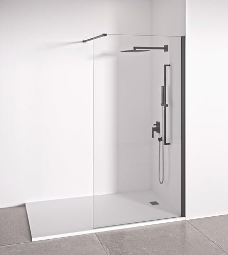 Paroi de douche fixe pour espace ouvert - Transparent – Verre trempé de 8 mm anticalcaire inclus – Profilés Noir mat - Largeur 80 cm - Hauteur 195 cm
