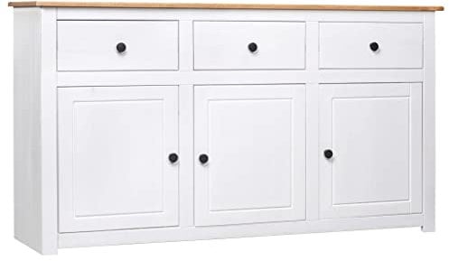 Hommdiy Sideboard Küchenschrank mit 3 Schubladen und 3 Türen 135 x 40 x 80 cm Buffetschrank Aufbewahrungsschrank Geschirrschrank Massivholz Panama-Kiefer Weiß