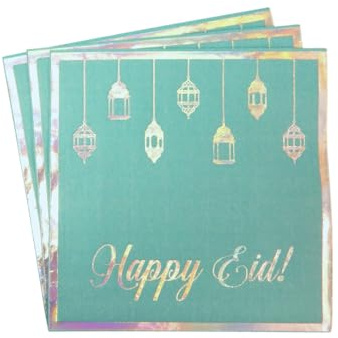 Peacock Supplies Happy Eid Party Napkins - 20 Pack | Elegant Teal & Iridescent Design | 33 cm x 33 cm | Elevate Your Table Decor | Disposable, Single Use Serviettes | Durable 2-Ply | Party Must-Have