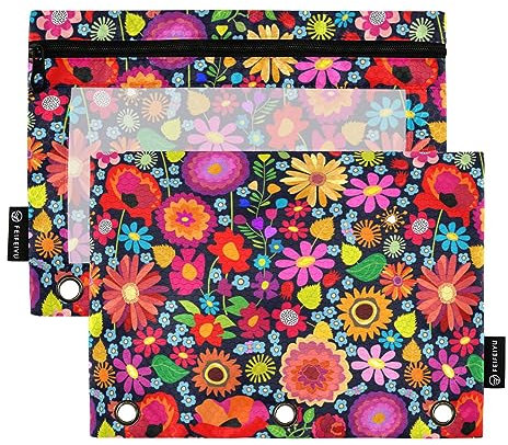 FRODOTGV Asters Chrysanthemen Federmäppchen mit Rosenmohnblumen, für 3 Ringe, transparent, mit Reißverschluss, drei Löcher, 2 Stück