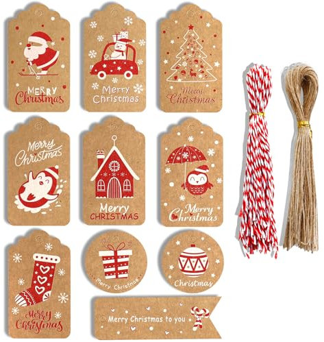 Daover 100 Pezzi Etichette Regalo di Natale, Etichette in Carta Kraft, Tag Regalo, 10 Stili, Etichette Appese Natalizie con Filo di Cotone e Filo di Spago per Decorazioni Natalizie e Confezioni Regalo