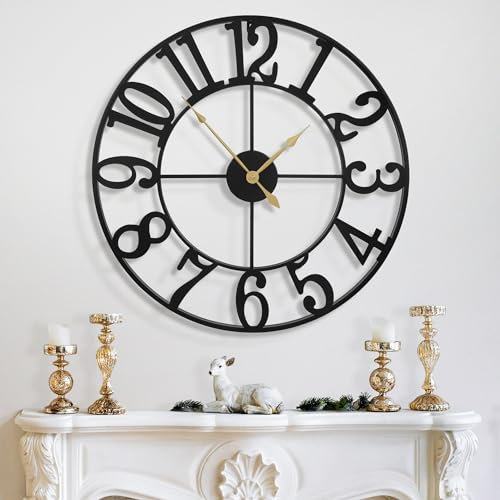 HAITANG Große Wanduhr Modern, schwarz Metall rund wanduhr 80 cm Durchmesser lautlos batteriebetrieben, Vintage-Stil Arabische Ziffern Uhren für Wohnzimmer, Schlafzimmer, Küchendekoration - 31 Inches