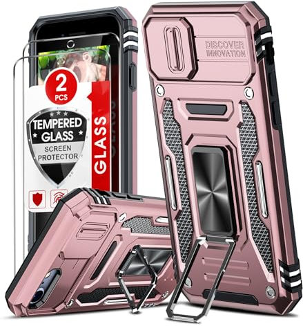 LeYi Coque pour iPhone SE 2022/2020, iPhone 8/7 Antichoc avec Protection Caméra Coulissante+2*Verre Trempé+Anneau Support, Étui de PC Dur et TPU Silicone Militaire Anti-Rayures Coque SE 2020-Or Rose