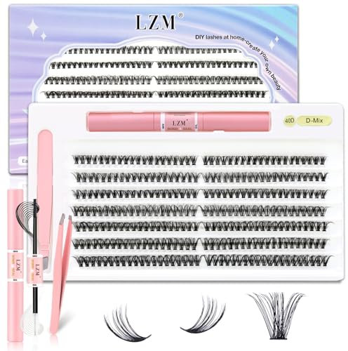 LZM Kit Extension Cils 280pcs Faux Cils Individuel avec Lash Bond and Seal 8-16mm D Curl Extension Naturel Cils À Bandes Fines avec Applicateurs Cluster Lashes (30p)