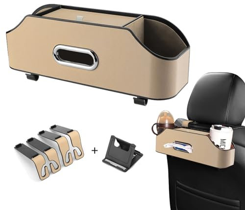 ALI2 Car Back Seat Organizer with 2 Drink Cup Holder, Tissue Box and Storage Box, Car Organiser-PU Leather, Suitable for Children and Adults,Car Travel Accessories（Beige）