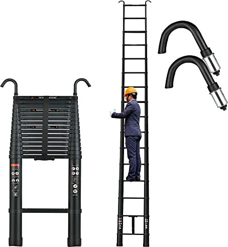 6.2M Telescoping Ladders with 2 Hooks, Heavy Duty Aluminum Collapsible Ladder Load 330 LBS Capacity, Non-Slip Feet, Extension Ladders Applicable to Household and Outdoor Working (Black)