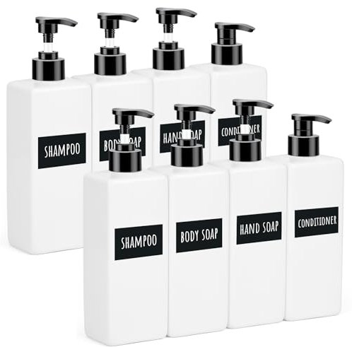 Segbeauty Shampoo Spender, 8 Stück 500ml Seifenspender Weiss, Shampoo Spender für Dusche, Seifenspender Plastik mit Wasserdichtes Etiketten, Küche Seifenspender Set