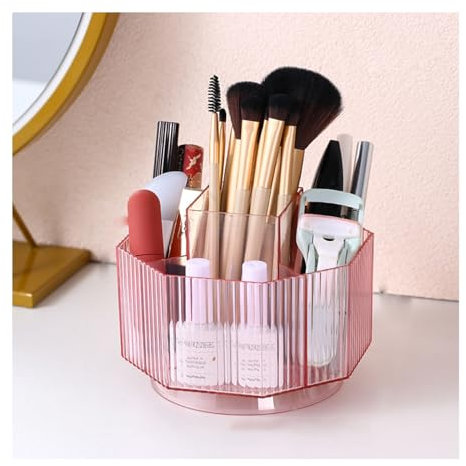 BESSKON Makeup Brush Holder Organizer, 360 Rotating Vanity Makeup Organizer Countertop, Clear Cosmetic Storage Organizer with 5 Slot Make up Holders and Organizers for Brush, Nail Polish, Lipstick