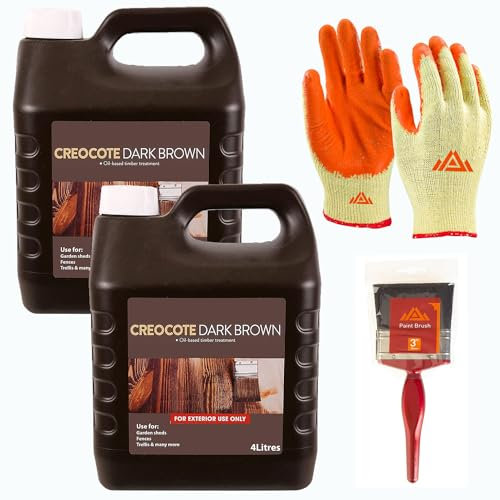 Creocote Dark Brown Wood Preserver 4L Pack of 2 - Premium Oil-Based Wood Preserver for Outdoor Use Dry Rot Woodworm Treatment with Perfectonish Gloves and Brush