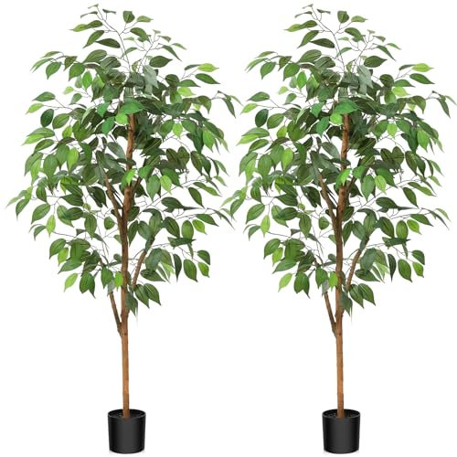 Fopamtri Künstliche Pflanzen Groß 120 cm Ficus Benjamina Kunstpflanze mit Naturholzstamm, Zimmerpflanze Kunstbaum im Topf für Zuhause Büro Balkon Dekoration (2 Stück)