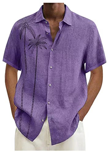 Generic Chemise Lin Vêtements Homme T-Shirts À Manches Courte Homme Chemise Homme Jean Chemise Rose Homme Veste Lin Homme Chemise D Ete Homme Chemise Blanche Vetement Homme Vêtements Violet 3XL