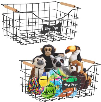 Dog Toy Box-Metal Dog Toy Basket-2Pack Wire Mesh Basket with Wood Handle and Bone Decoration Wire Storage Baskets Black Chew-Proof Dog Food Toy Storage Container Pet Storage Box Leashes Blankets,Toys