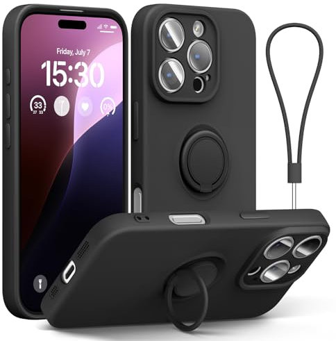 abitku for iPhone 16 Pro Case with Ring Stand, Liquid Silicone Slim Design Support Magnetic Car Mount (with Wrist Strap Lanyard) Phone Cover for iPhone 16 Pro 6.3 inch (Black)