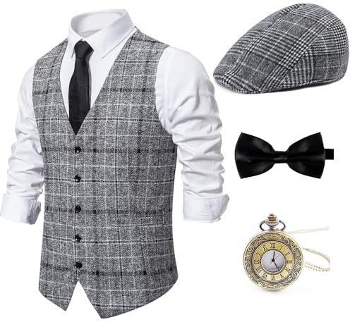 Gionforsy 1920er Herren-Kostüm, Gatsby, Gangster, Weste, Fedora, Hut, Hosenträger, Fliege, Kostümzubehör-Set, Grau, M