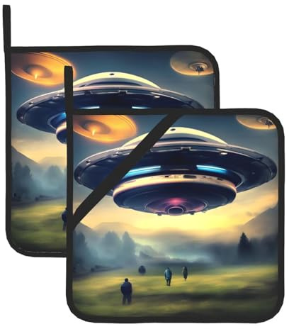 Quadratisches isoliertes Topfset mit Zwei Haltern, hitzebeständige Küchenmatten, ideal für Küchentopfdeckel und Grillen im Freien, UFO-Landedrucke