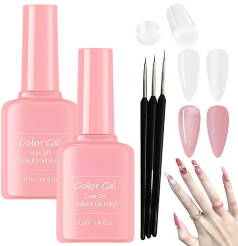 2PCS Pink and White UV Gel Polish Set with 3Pcs Nail Art Pen and Nail Stamper,French Manicure Kit,Gel Nail Polish Set,High Gloss Shine White Gel Polish,French Nails Paint,Soak Off UV Nail Polish Set