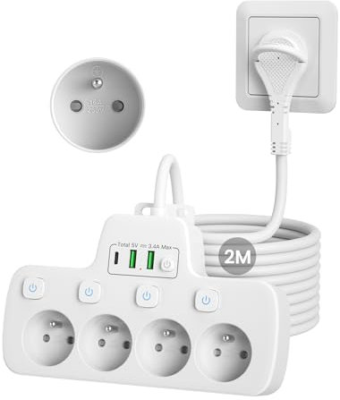 Multiprise Extra Plate,Prise Multiple 4 Prises Française Terre 16A 2P+T, Multiprise Electrique Murale avec Interrupteur Individuel,Chargeur USB Prise Plate Derriere Meuble Rallonge Cable 2M,Blanc