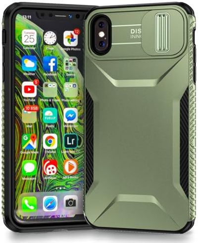 Yerebel Case for iPhone XS Max Case with Slide Camera Cover, Military Grade Non-Slip Heavy Duty Rugged Shockproof Protective Phone Cover for Apple iPhone XS Max Green