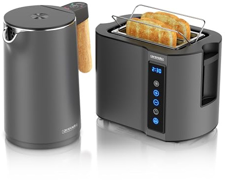 Arendo - Wasserkocher Toaster SET - Edelstahl - Wasserkocher mit Temrpatureinstellung - 45-100 Grad - Warmhaltefunktion - Toaster 2 Scheiben mit Touch Display - mit Brötchaufsatz - Cool Grey Design