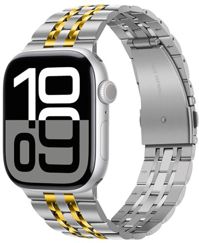 Tasikar Band Compatible with Apple Watch Band 42mm(Series 10) 41mm 40mm 38mm Men Women Strap Solid Stainless Steel Metal Bracelet Compatible with iWatch SE Series 10 9 8 7 6 5 4 3 2 1, Silver-Gold