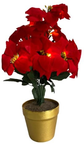 Artificial LED Red Poinsettia Plant in Gold Pot - Faux Fake Realistic Flower Floral Home Christmas Xmas Festive Decoration with 10 Battery Powered Warm White Lights - H35 x 28cm Diameter