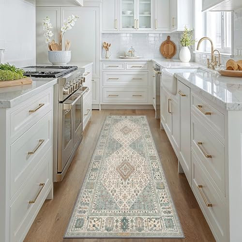 GENIMO Boho Läufer Teppich Flur 80x300cm Waschbar Vintage Teppich No-Slip Kurzflor Teppiche für Waschküche Küche, Grün