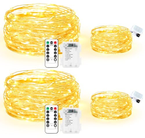 Maxee 2 Stück 20M + 2 Stück 3M LED Lichterkette Batterie, 8 Modi Fernbedienung mit Timer Lichterkette, IP65 Wasserdichte, Außen Lichterkette Draht für Weihnachten Innen Aussen Deko, Warme