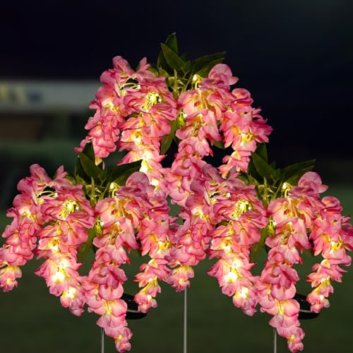 QINER Solar Lights Outdoor Garden, Powered Waterproof IP65,2 Lighting Modes, Wisteria Flower, Outdoor Solar Fence Lights for The Garden,Patio,Yard[3Pack Pink]